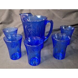 Hazel-Atlas Royal Lace Cobalt Blue Depression Glass Pitcher and 5 Tumblers Set